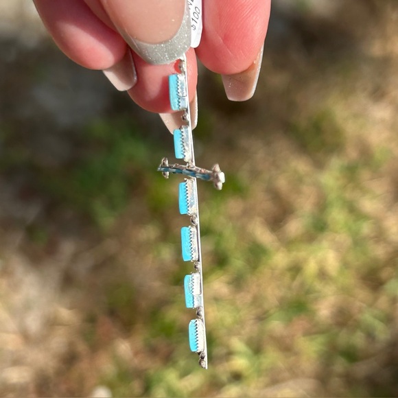 Zuni 925 Sterling Silver and Turquoise Pin Point Cross Pendant - Picture 4 of 10